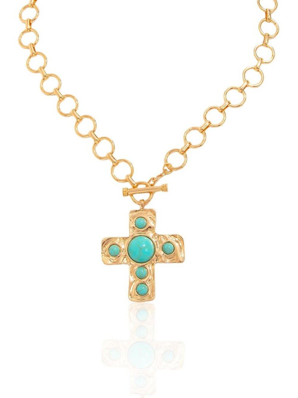 Gold-Tone Cross Necklace with Turquoise Colored Stones